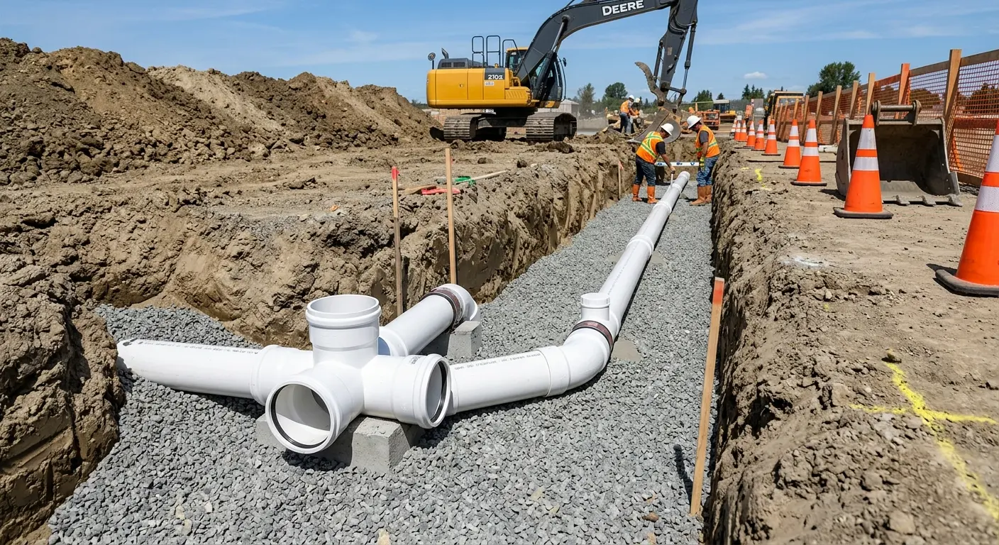 New PVC sewer pipe installation in open trench for Grease Trap Cleaning in La Grange Park