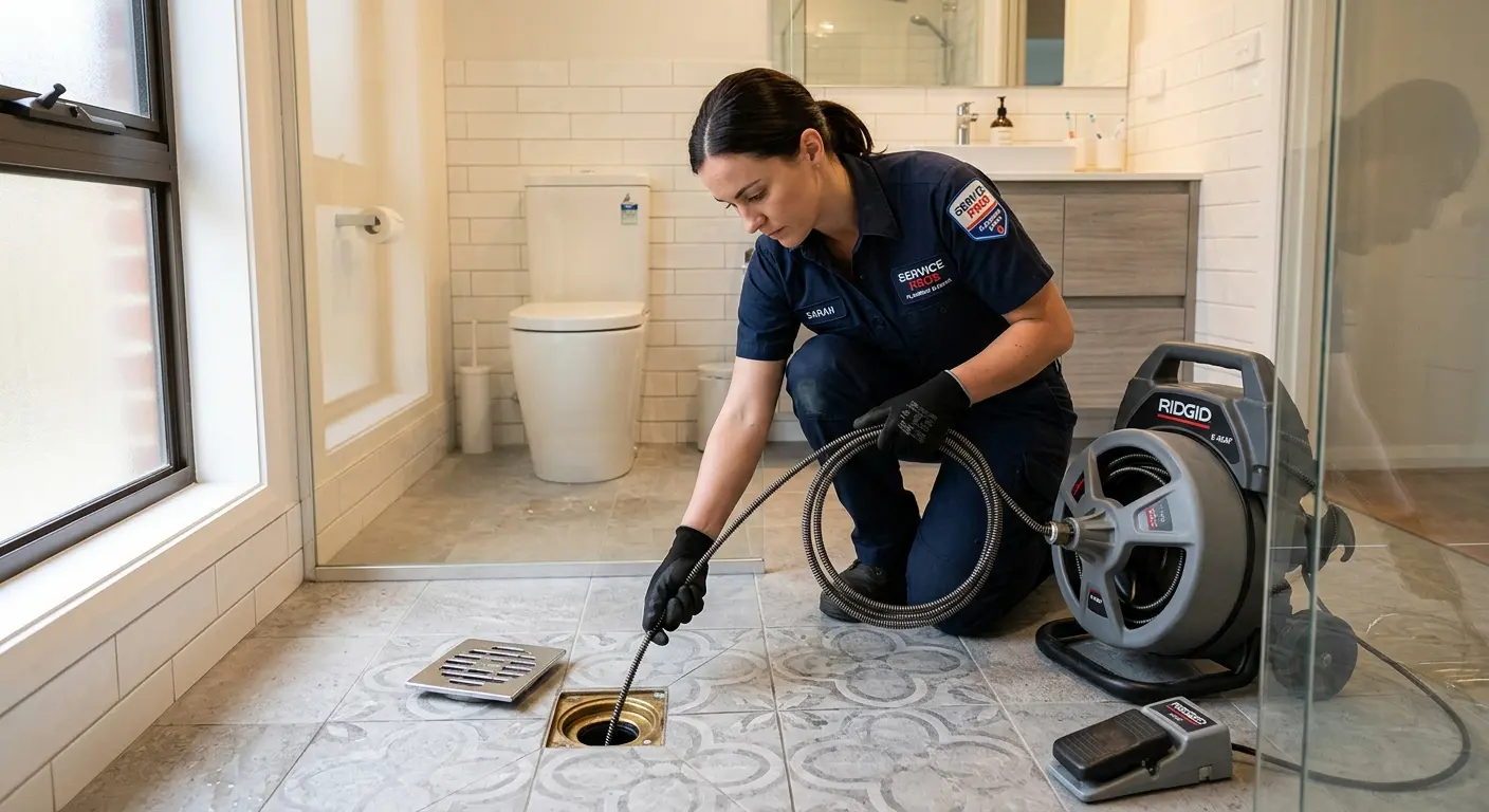 Technician clearing a bathroom floor drain for Drain Repair in La Grange Park
